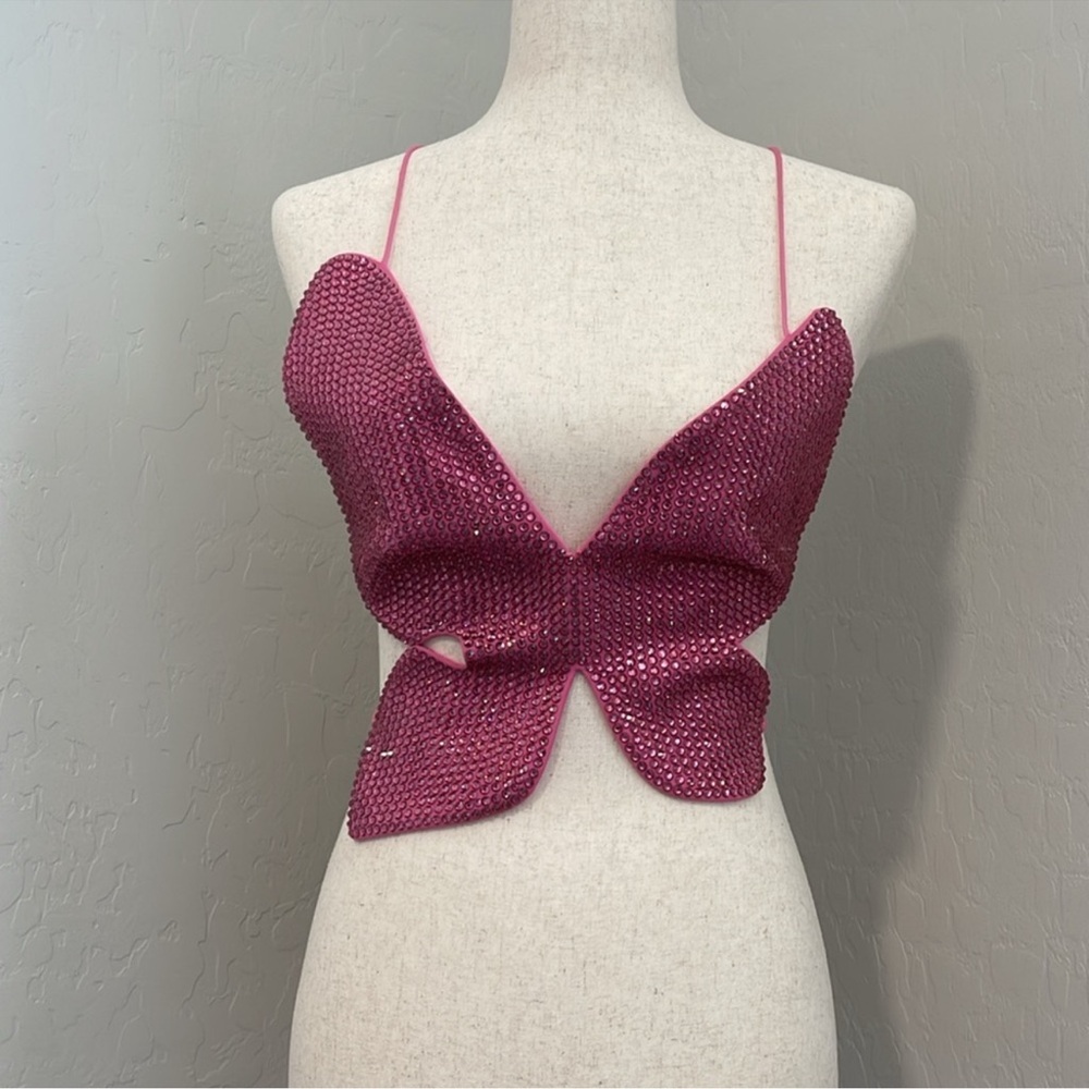 AREA Pink Rhinestone butterfly Crop Top - Picture 2 of 5